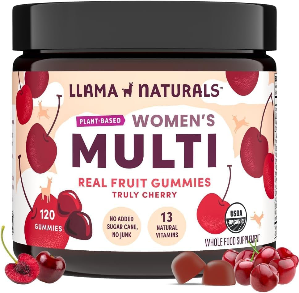 Llama Naturals Multivitamin for Women, Vegan, Organic Gummies with Vitamin D, C and K, Women'S Real Fruit Gummy Vitamins, Chewable Multivitamin Supplement, No Added Sugar Cane, Strawberry, 120 Ct