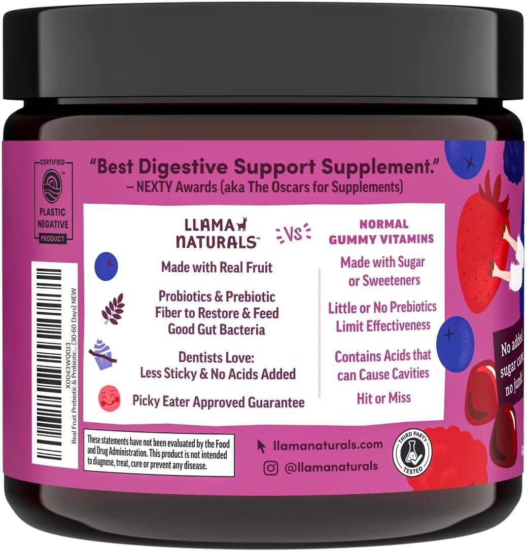Llama Naturals Kids Probiotic with Prebiotic Fiber, Vegan, Organic Prebiotics and Probiotics Gummies for Gut Health Support, Toddler Real Fruit Gummy Vitamins, No Added Sugar Cane, Mixed Berry, 60 Ct