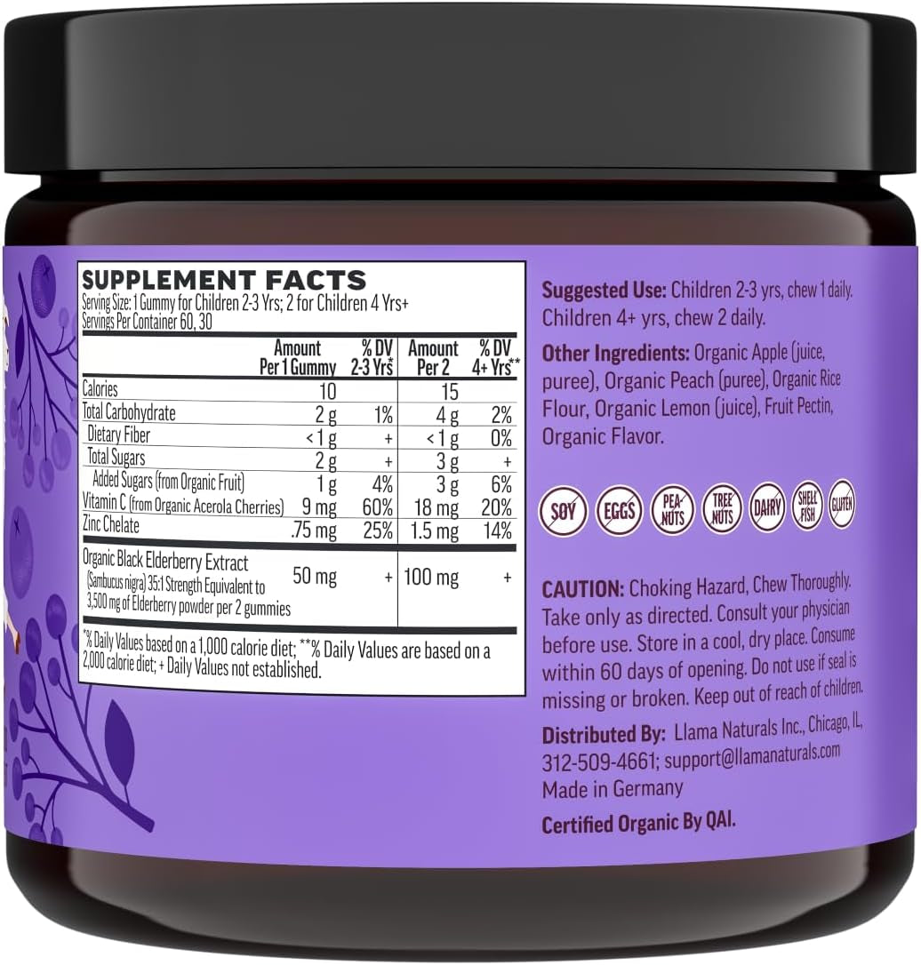 Llama Naturals Elderberry Gummies for Kids, Vegan, Organic Immune Support Supplement with Vitamin C and Zinc, Toddler Real Fruit Gummy Vitamins for Immunity, Chewable, No Added Sugar Cane, 60 Ct