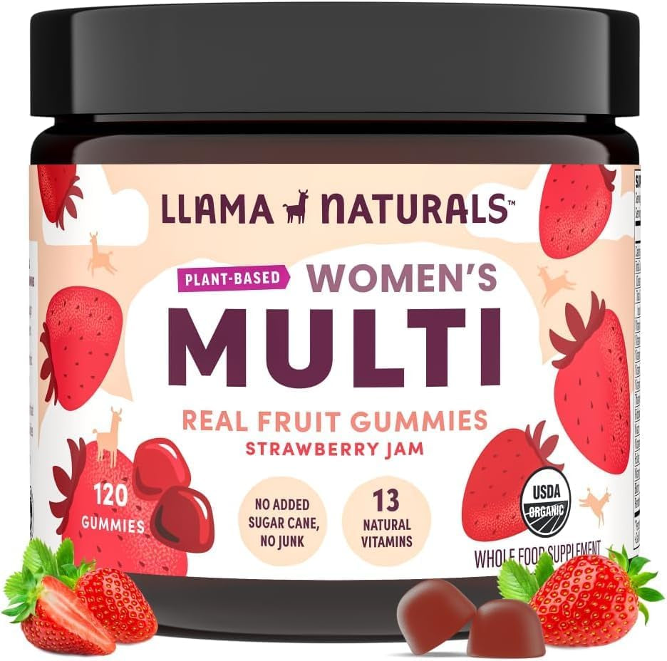 Llama Naturals Multivitamin for Women & Men, Vegan, Organic Gummies with Vitamin D, C & K, Adults Real Fruit Gummy Vitamins, Chewable Multivitamin Supplement, No Added Sugar Cane, Strawberry, 120 Ct