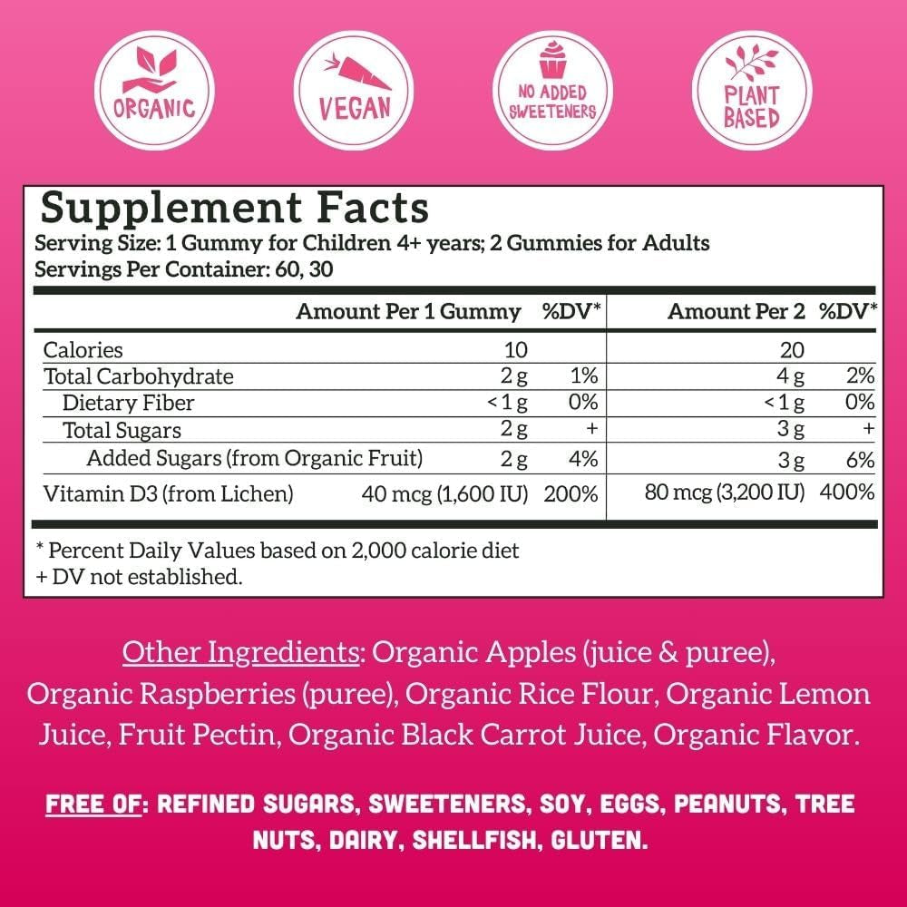 Llama Naturals Vitamin D3, Vegan, Organic Immune Support Supplement, Vitamin D Gummies for Adults and Kids, Real Fruit Gummy Vitamins, Promotes Bone Health, No Added Sugar Cane, Raspberry, 60 Ct