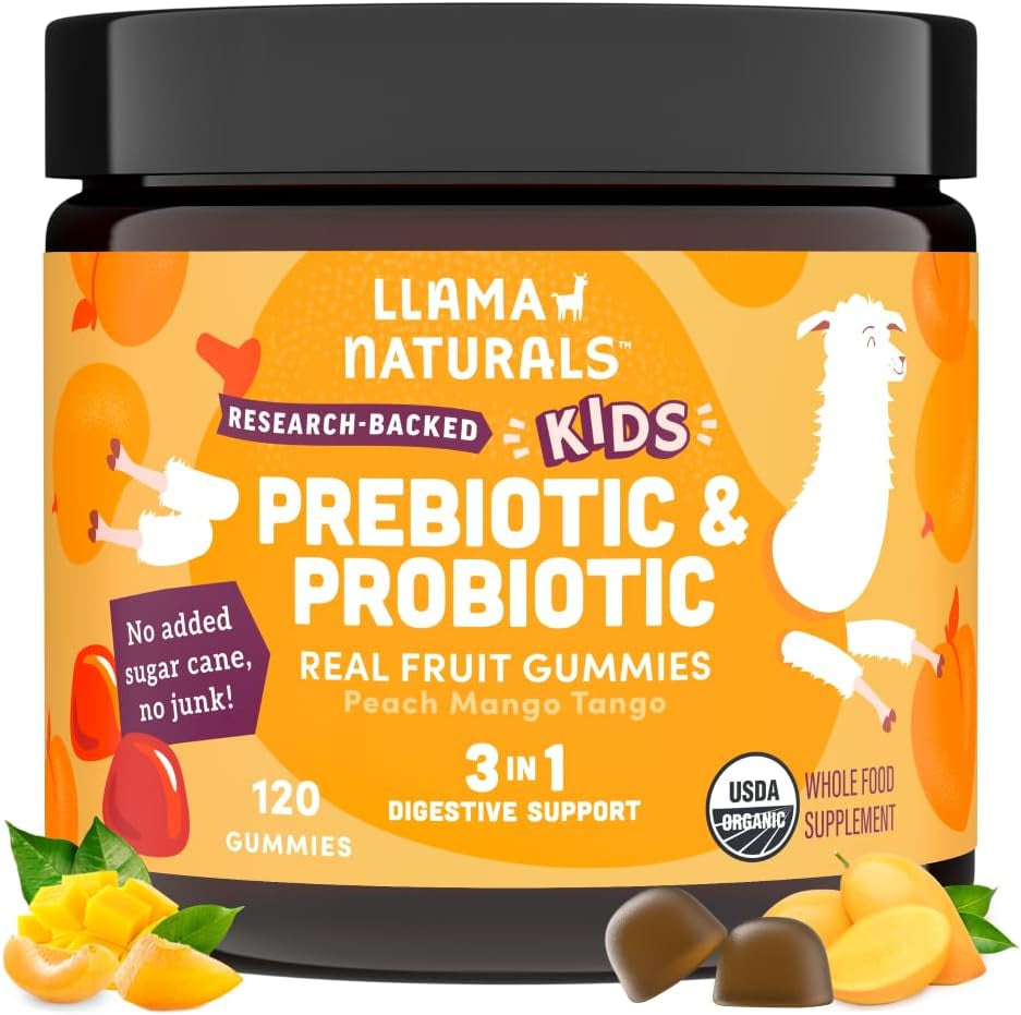 Llama Naturals Kids Probiotic with Prebiotic Fiber, Vegan, Organic Prebiotics and Probiotics Gummies for Gut Health Support, Toddler Real Fruit Gummy Vitamins, No Added Sugar Cane, Mixed Berry, 60 Ct