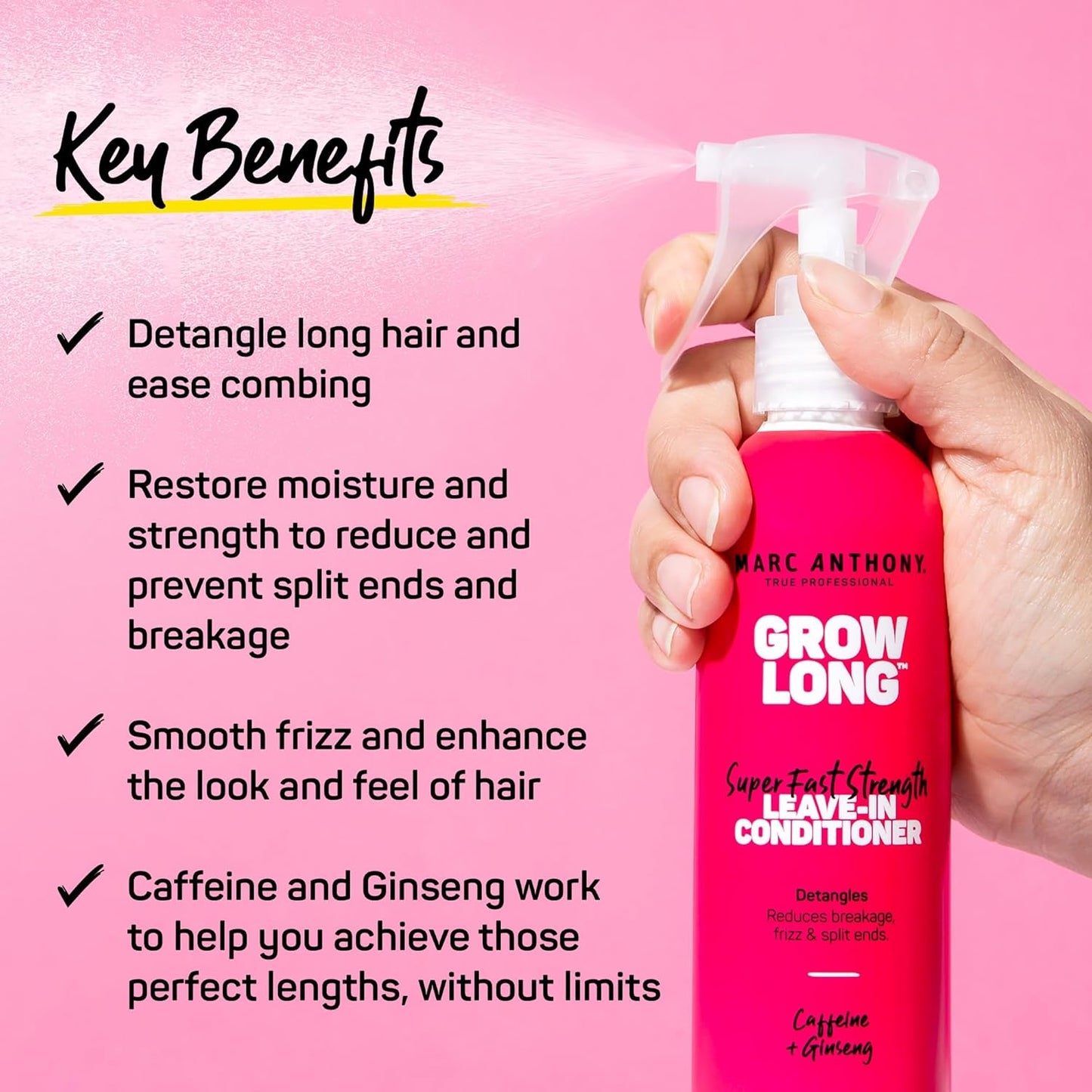Marc Anthony Leave-In Conditioner Spray & Detangler, Grow Long Biotin - Anti-Frizz Deep Conditioner for Split Ends & Breakage - Vitamin E, Caffeine & Ginseng for Curly, Dry & Damaged Hair