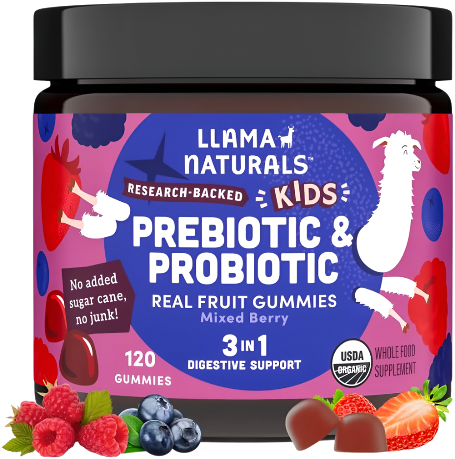 LLAMA NATURALS Kids Probiotic + Prebiotic Gummies – Mixed Berry – Gut Health – 60 Ct