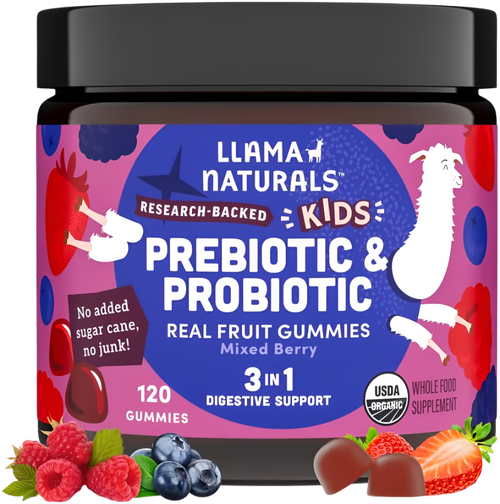 LLAMA NATURALS Kids Probiotic + Prebiotic Gummies – Mixed Berry – Gut Health – 60 Ct