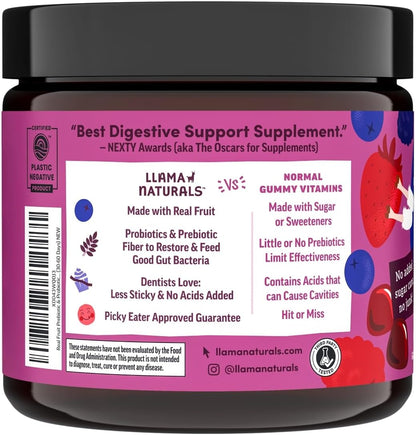 Llama Naturals Kids Probiotic with Prebiotic Fiber, Vegan, Organic Prebiotics and Probiotics Gummies for Gut Health Support, Toddler Real Fruit Gummy Vitamins, No Added Sugar Cane, Mixed Berry, 60 Ct