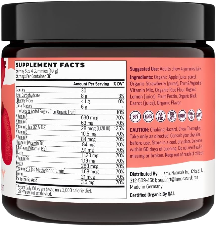 Llama Naturals Multivitamin for Women & Men, Vegan, Organic Gummies with Vitamin D, C & K, Adults Real Fruit Gummy Vitamins, Chewable Multivitamin Supplement, No Added Sugar Cane, Strawberry, 120 Ct