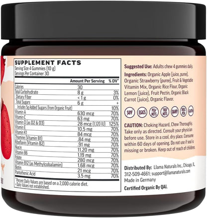 Llama Naturals Multivitamin for Women, Vegan, Organic Gummies with Vitamin D, C and K, Women'S Real Fruit Gummy Vitamins, Chewable Multivitamin Supplement, No Added Sugar Cane, Strawberry, 120 Ct