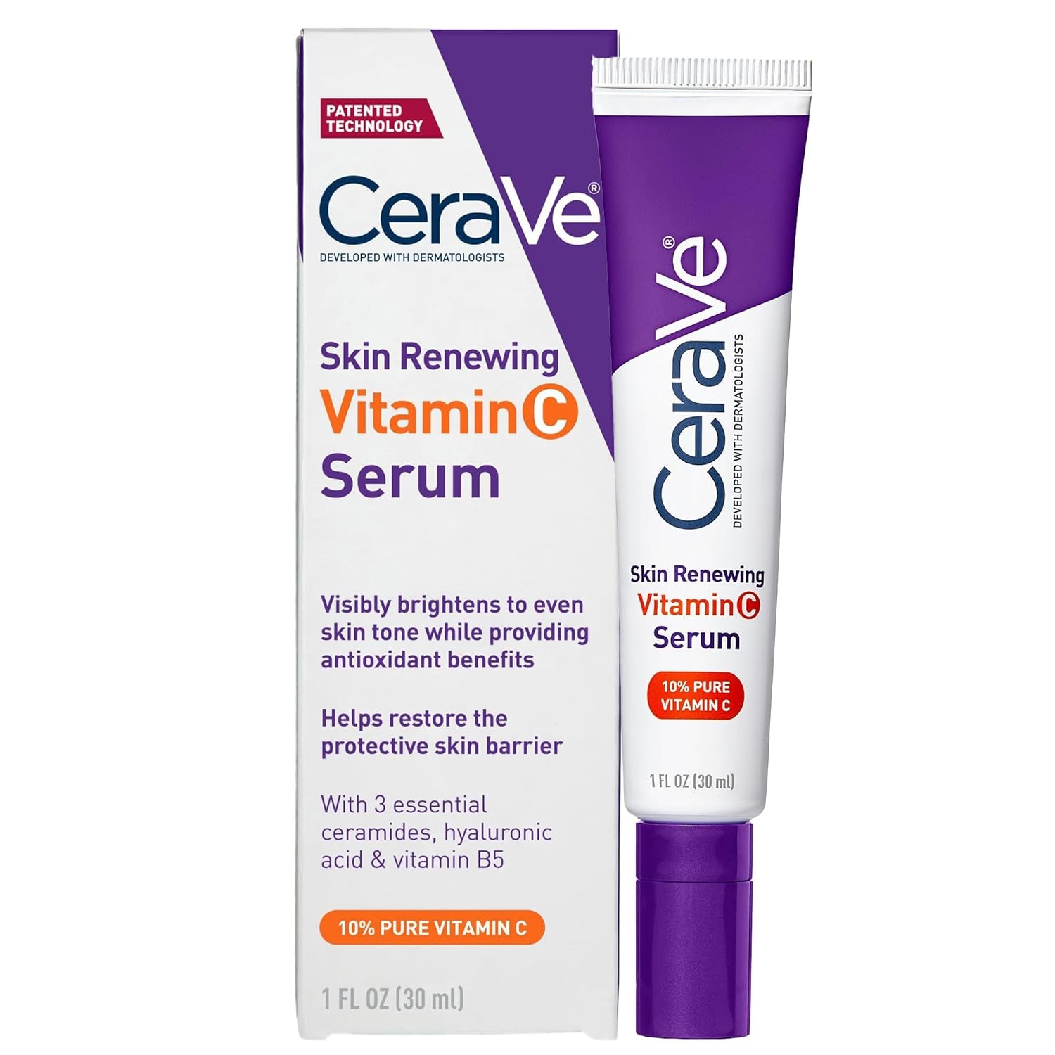 Cerave Vitamin C Serum with Hyaluronic Acid, Skin Brightening Serum for Face with 10% Pure Vitamin C, Fragrance Free, 1 Fl. Oz