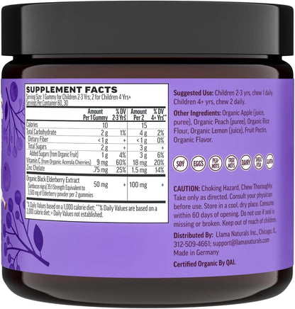 Llama Naturals Elderberry Gummies for Kids, Vegan, Organic Immune Support Supplement with Vitamin C and Zinc, Toddler Real Fruit Gummy Vitamins for Immunity, Chewable, No Added Sugar Cane, 60 Ct
