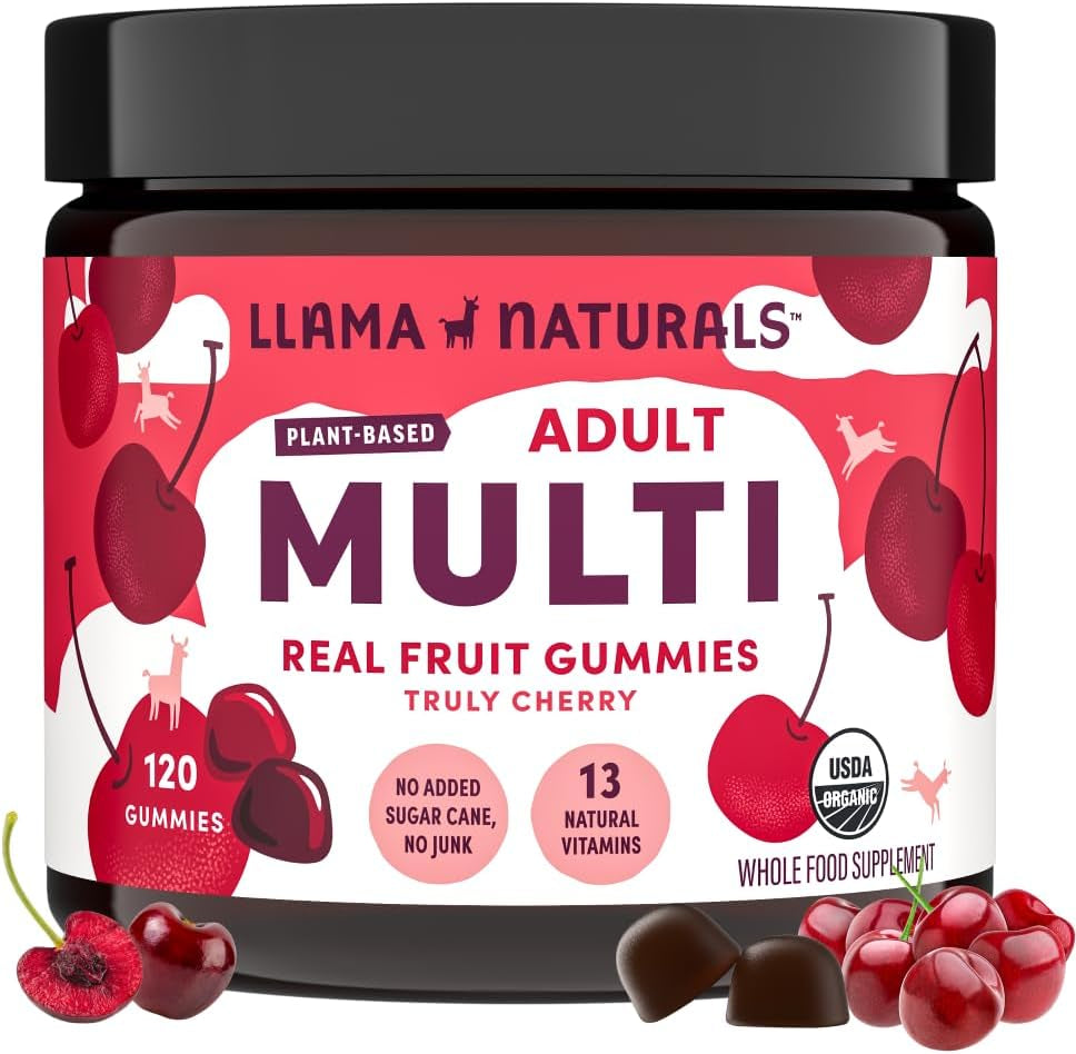 Llama Naturals Multivitamin for Women, Vegan, Organic Gummies with Vitamin D, C and K, Women'S Real Fruit Gummy Vitamins, Chewable Multivitamin Supplement, No Added Sugar Cane, Strawberry, 120 Ct