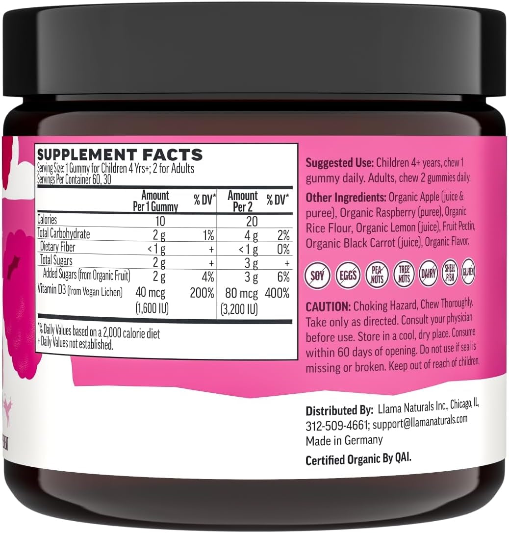 Llama Naturals Vitamin D3, Vegan, Organic Immune Support Supplement, Vitamin D Gummies for Adults and Kids, Real Fruit Gummy Vitamins, Promotes Bone Health, No Added Sugar Cane, Raspberry, 60 Ct