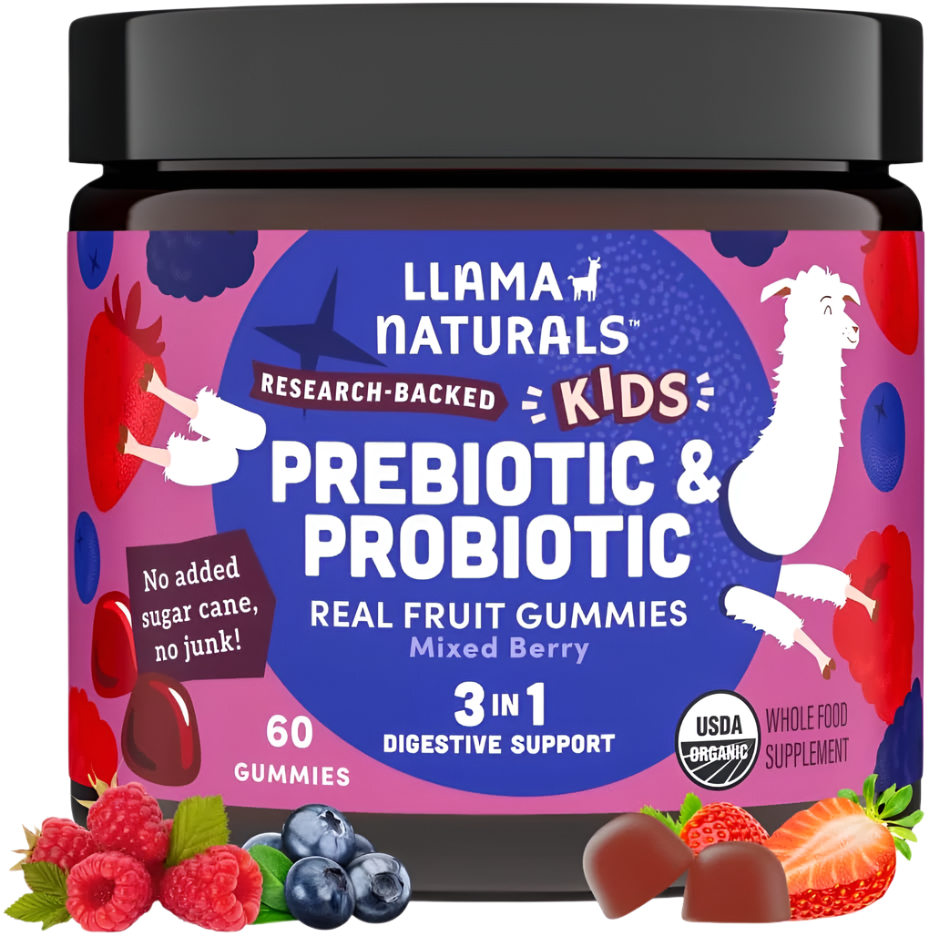 LLAMA NATURALS Kids Probiotic + Prebiotic Gummies – Mixed Berry – Gut Health – 60 Ct